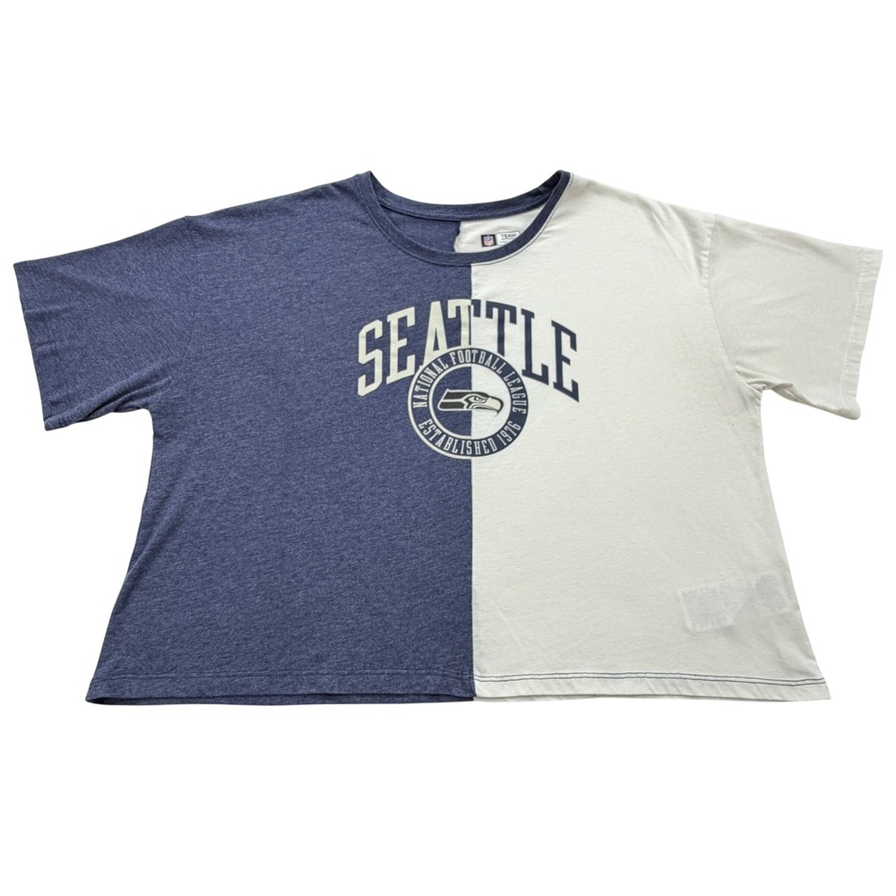 NFL Team Apparel T-Shirt Womens XL Blue White Seattle Seahawks Split Crop Top - Picture 2 of 13